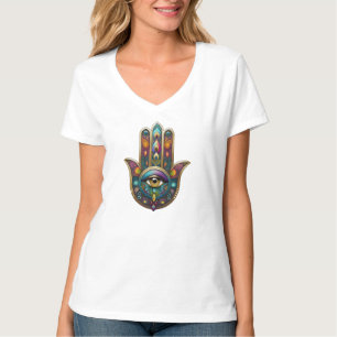 Camiseta Cores de Pavão Hamsa com Terceiro Olho Dourado