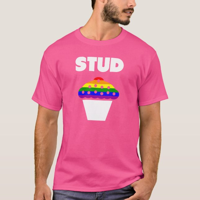 CAMISETA CORES ORGULHO GAY BANDEIRA ARCO-ÍRIS STUD MUFFIN (Frente)