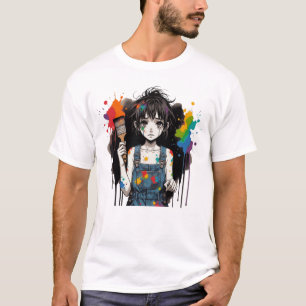 Camiseta Cores Sangrando Garota Artista Mangá Anime Criativ