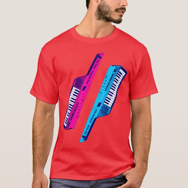 Camiseta Corey Tiger 80's Retro Keytar Rosa & Azul (Frente)