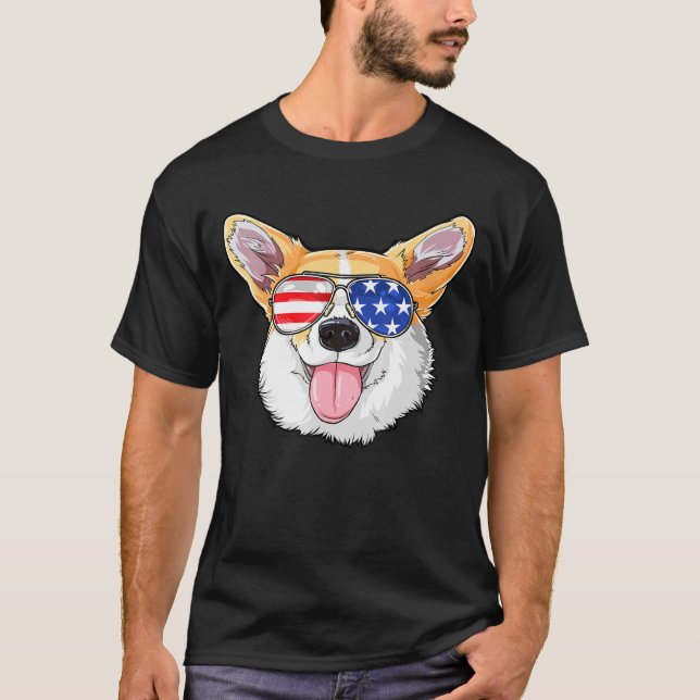 Camiseta Corgi 4 De Julho Óculos De Sol Mulheres Eua Améric (Frente)
