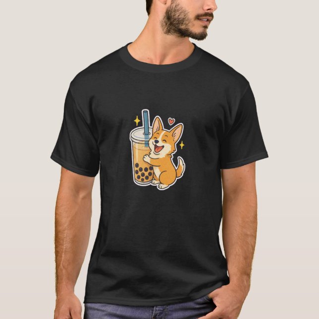 Camiseta Corgi Abraçando Xícara de Chá Bubble (Frente)