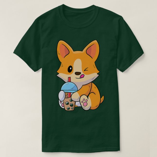 Camiseta Corgi ama Boba Funny Bebendo Boba Tea-531 (Frente do Design)