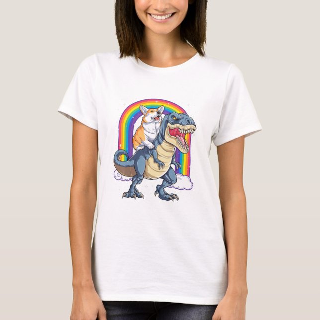 Camiseta Corgi Andando Dinossauro T rex Espaço Engraçado Ga (Frente)