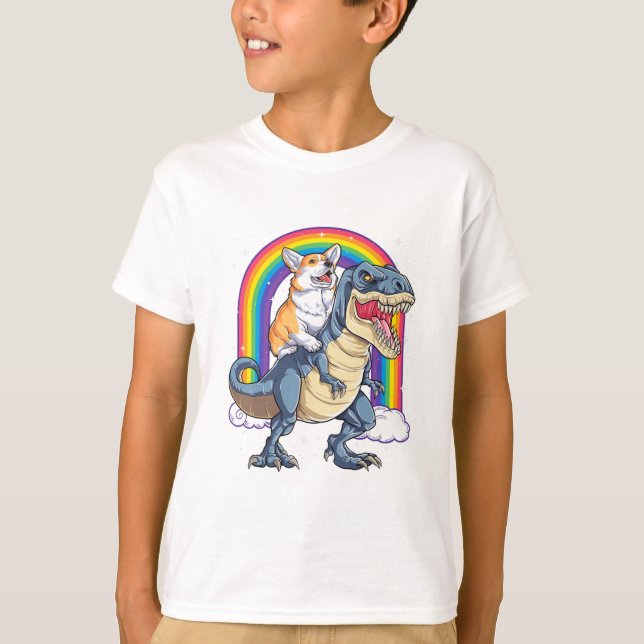 Camiseta Corgi Andando Dinossauro T rex Espaço Engraçado Ga (Frente)