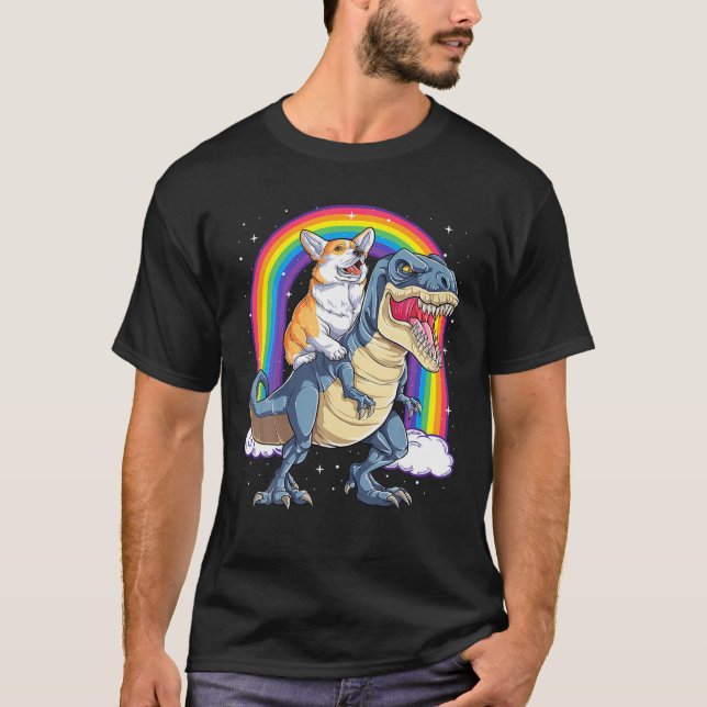 Camiseta Corgi Andando Dinossauro T Rex Funny Space Galaxy  (Frente)