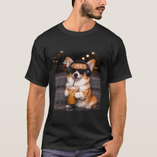 Camiseta Corgi bebendo café gelado amante humor meme engraç