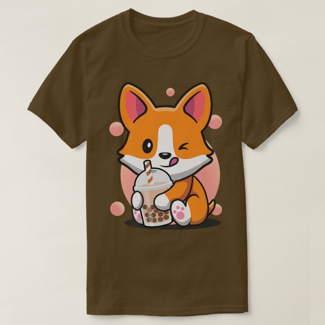 Camiseta Corgi Boba Tea Funny Puppy Bebendo Bubble Tea Dog (Frente do Design)