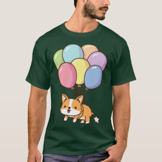 Camiseta Corgi Bonito Voando Com Balões Arco-Íris