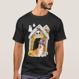 Camiseta Corgi Cachorro Bruxa Casa Assombrada de Halloween