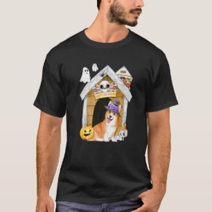 Camiseta Corgi Cachorro Bruxa Casa Assombrada de Halloween