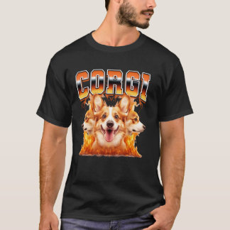 Camiseta Corgi Cachorro Chamas Estilo Bootleg 90s