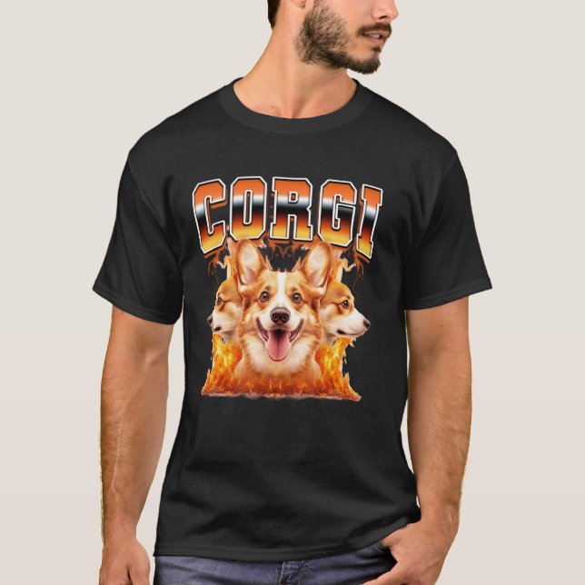 Camiseta Corgi Cachorro Chamas Estilo Bootleg 90s (Frente)