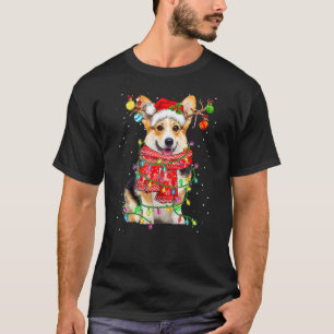 Camiseta Corgi Cachorro Chapéu de Papai Noel Natal Luzes de