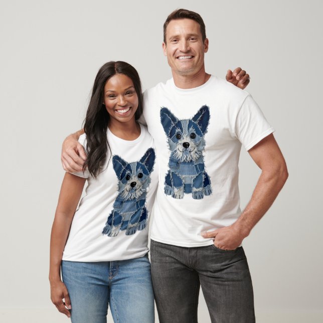 Camiseta Corgi Cachorro em Patchwork de Denim (Unissex)