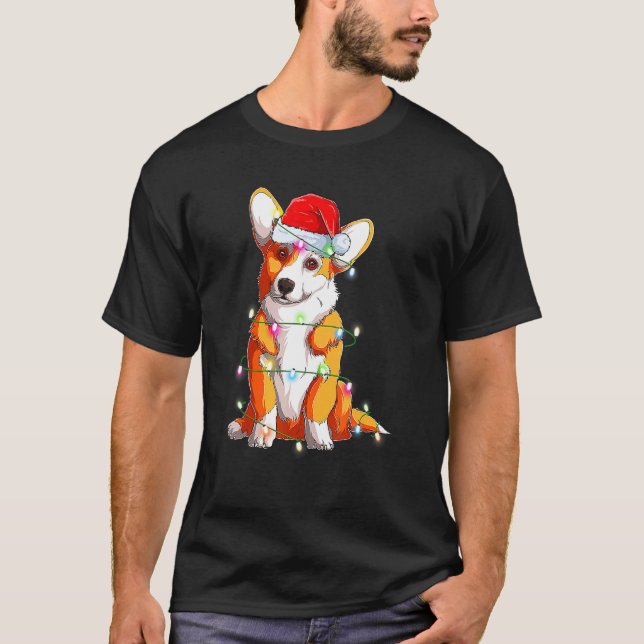 Camiseta Corgi Cachorro Iluminação de Natal Papai Noel Corg (Frente)