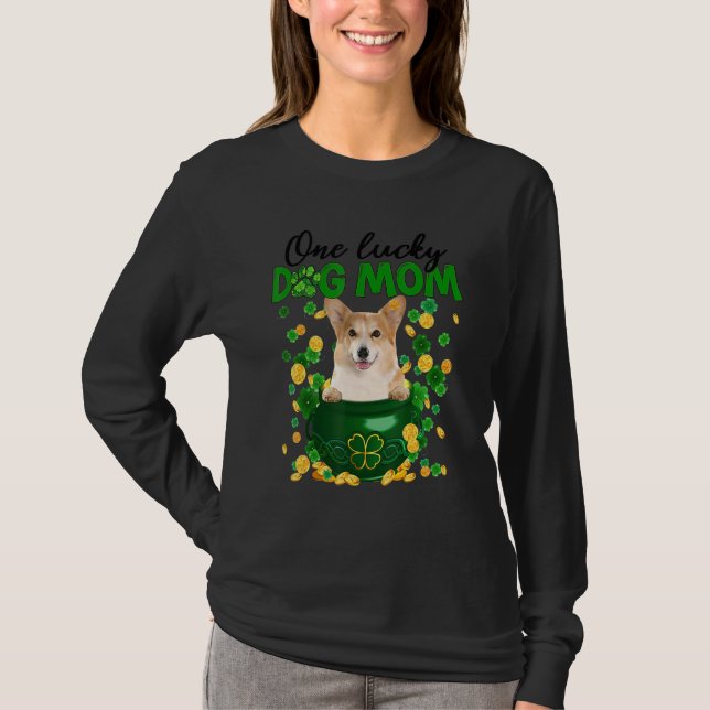 Camiseta Corgi Cachorro Mãe Rua de Shamrock verde irlandês  (Frente)