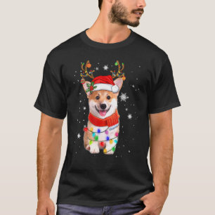 Camiseta Corgi Cachorro Natal Rena Chapéu do Papai Noel Luz
