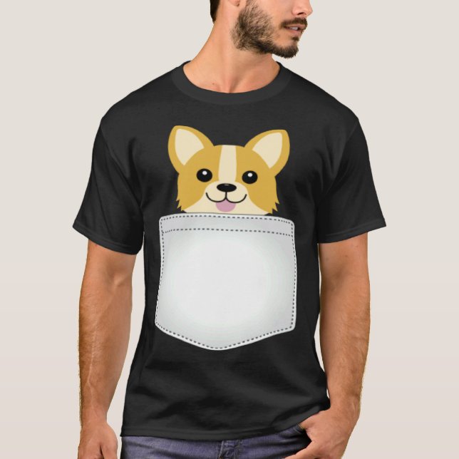 Camiseta Corgi Cachorro no Bolso do Peito (Frente)