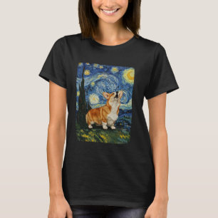 Camiseta Corgi Cachorro Uivando Lua Noite Estrelada Van Gog