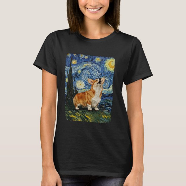 Camiseta Corgi Cachorro Uivando Lua Noite Estrelada Van Gog (Frente)