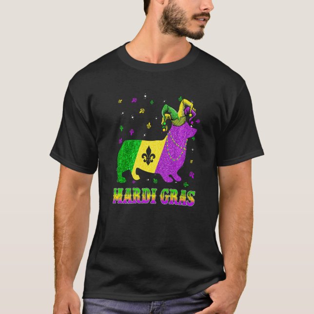 Camiseta Corgi Cão Mardi Gras Carnaval Bufa Contas Premium (Frente)
