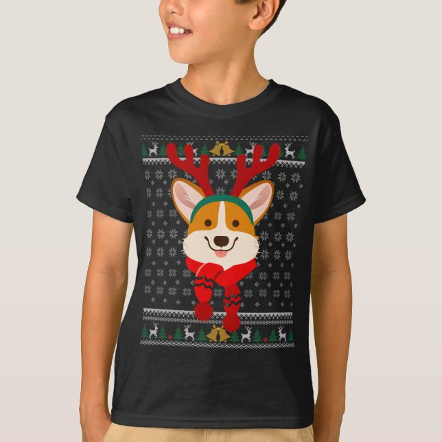Camiseta Corgi Christmas Reindeer Ugly Sweater Holida (Frente)