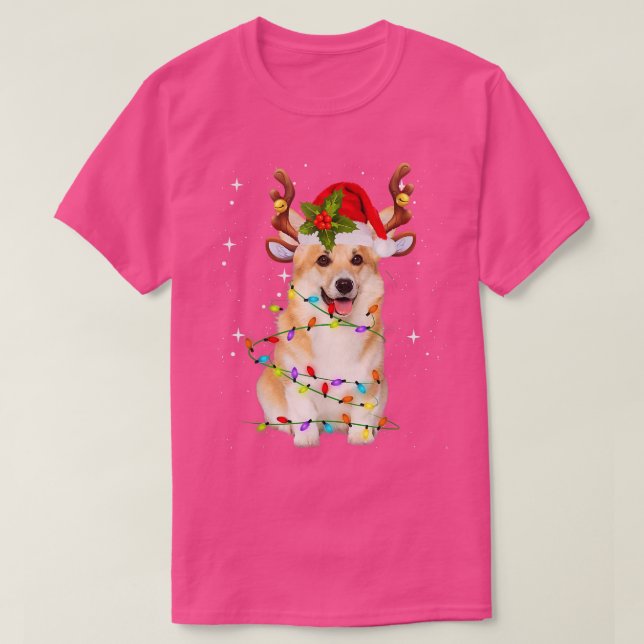 Camiseta Corgi Christmas Tee Reindeer Christmas Lights Paja (Frente do Design)
