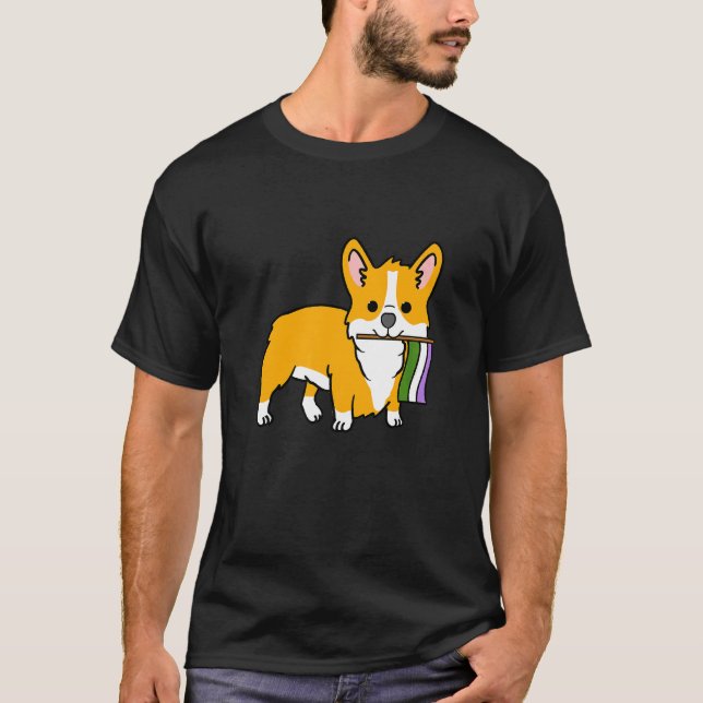 Camiseta Corgi Com Bandeira de Orgulho Genderqueer (Frente)
