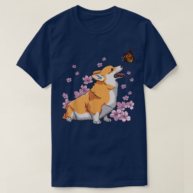 Camiseta Corgi Com Borboleta Sakura Cherry Blosso Japonês (Frente do Design)