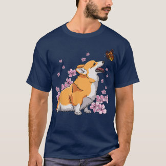 Camiseta Corgi Com Borboleta Sakura Cherry Blosso Japonês