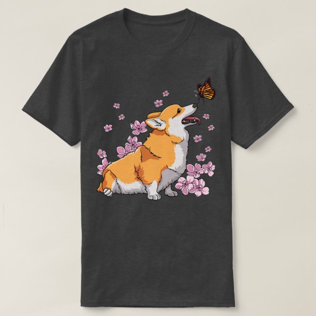 Camiseta Corgi Com Borboleta Sakura Cherry Blosso Japonês (Frente do Design)