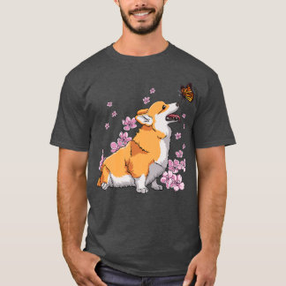 Camiseta Corgi Com Borboleta Sakura Cherry Blosso Japonês