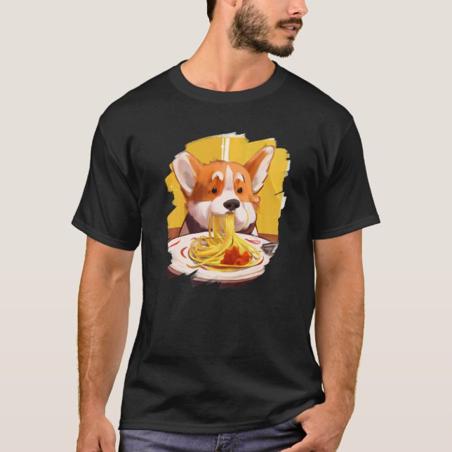 Camiseta Corgi Comendo Espaguete Massas Massas Cachorro Ita (Frente)