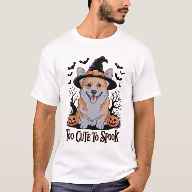 Camiseta Corgi de Halloween Fofo com Chapéu de Bruxa (Frente)