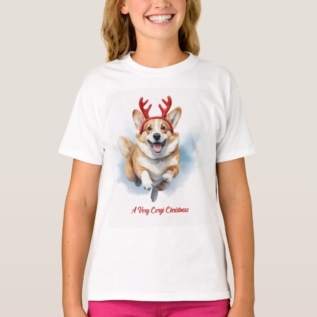 Camiseta Corgi de Natal com galhadas de Reindeer saltando (Frente)