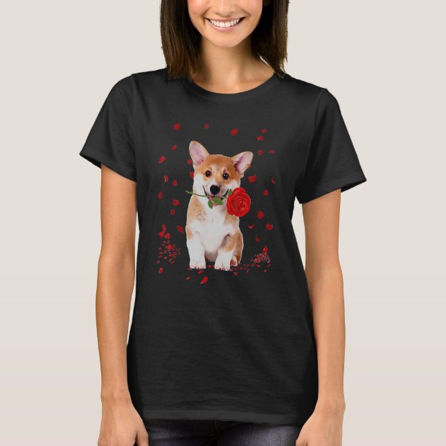 Camiseta Corgi Dia de os namorados Hearts Love Rosa (Frente)