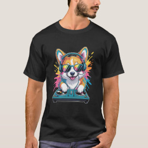 Camiseta Corgi DJ em toca-discos EDM Sintetizador Rave Músi