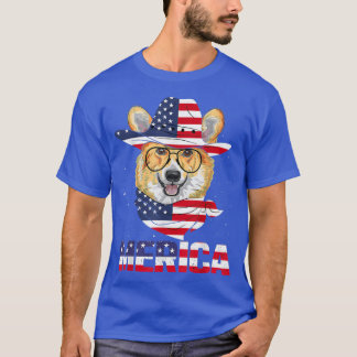 Camiseta Corgi Dog American Flag Sunglass Patriótico 4º J