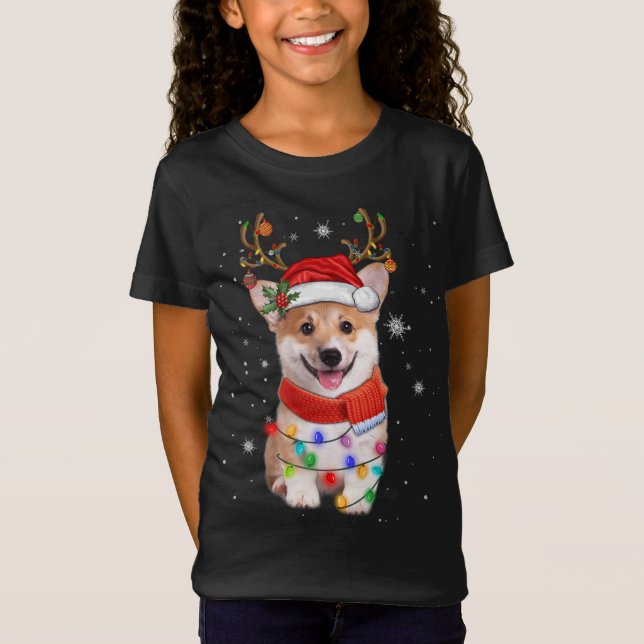 Camiseta Corgi Dog Christmas Reindeer Santa Hat Xmas Light (Frente)