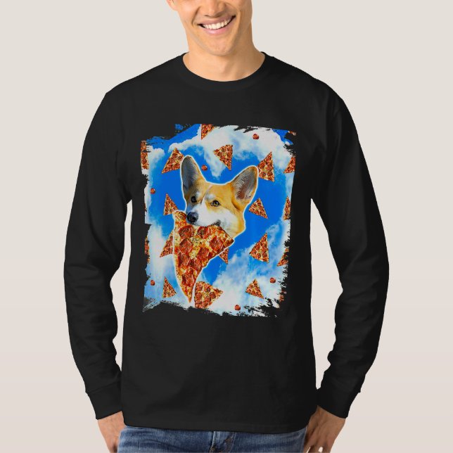 Camiseta Corgi Dog Comendo Pizza Adora Nuvens de Coração (Frente)