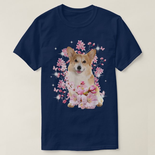 Camiseta Corgi Dog Japanese Cherry Blossom Sakura Flower  (Frente do Design)