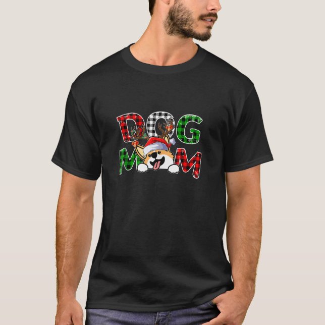 Camiseta Corgi Dog Mãe Buffalo Xadrez Xmas Pajama Reindeer  (Frente)