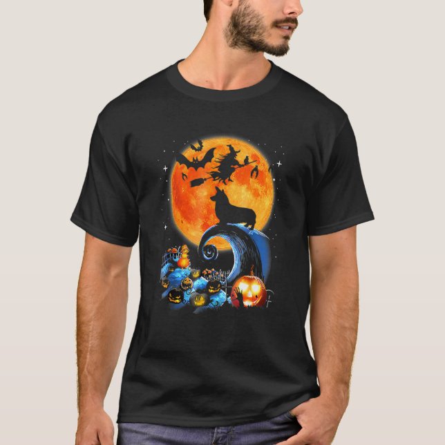 Camiseta Corgi Dog Pumpkin Moon Night Halloween (Frente)