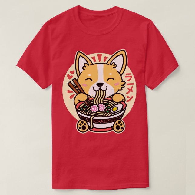 Camiseta Corgi Eating Ramen Cute Kawaii Noodles (Frente do Design)