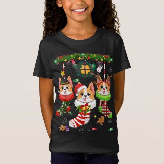 Camiseta Corgi Em Meias Natal Santa Hat Xmas Light Dog (Frente)