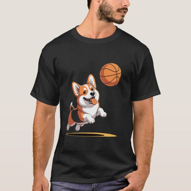 Camiseta Corgi Engraçado Jogando Basquete Enterrada (Frente)