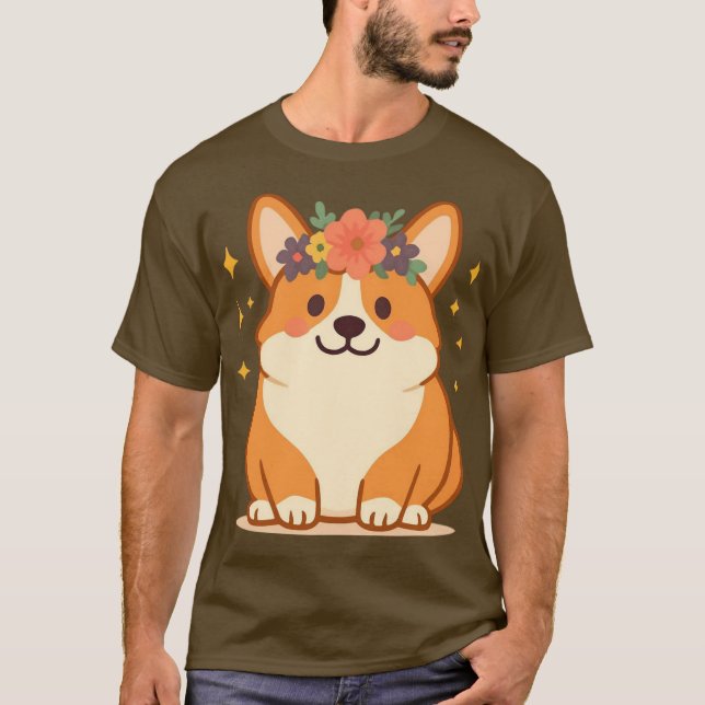 Camiseta Corgi Fofo com Coroa de Flores  (Frente)