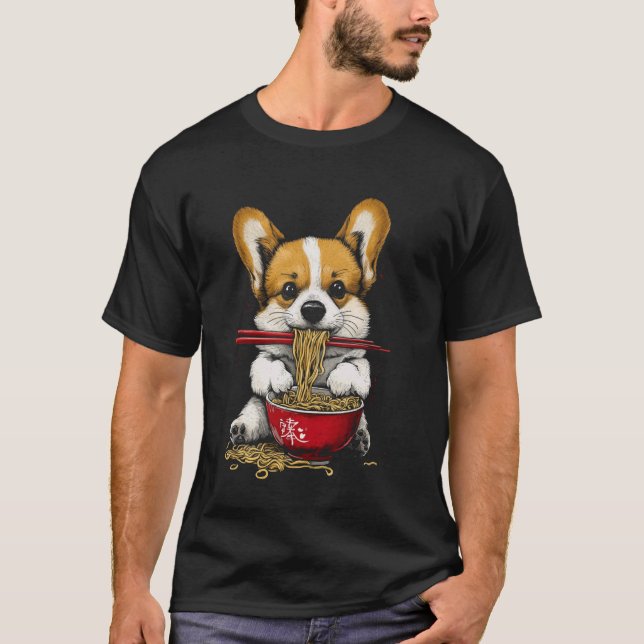 Camiseta Corgi Fofo Comendo Macarrão Ramen (Frente)