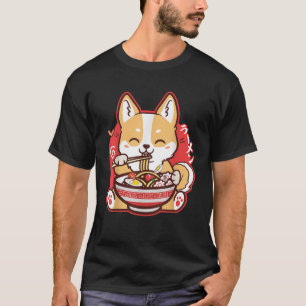 Camiseta Corgi Fofo Comendo Ramen Cachorro Anime Japonês Fo